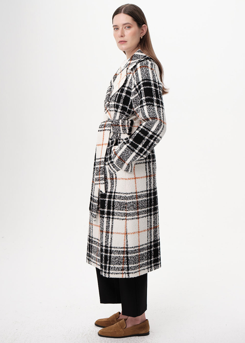 Kuşaklı Kruvaze Cepli Midi Regular Dokuma Kaban