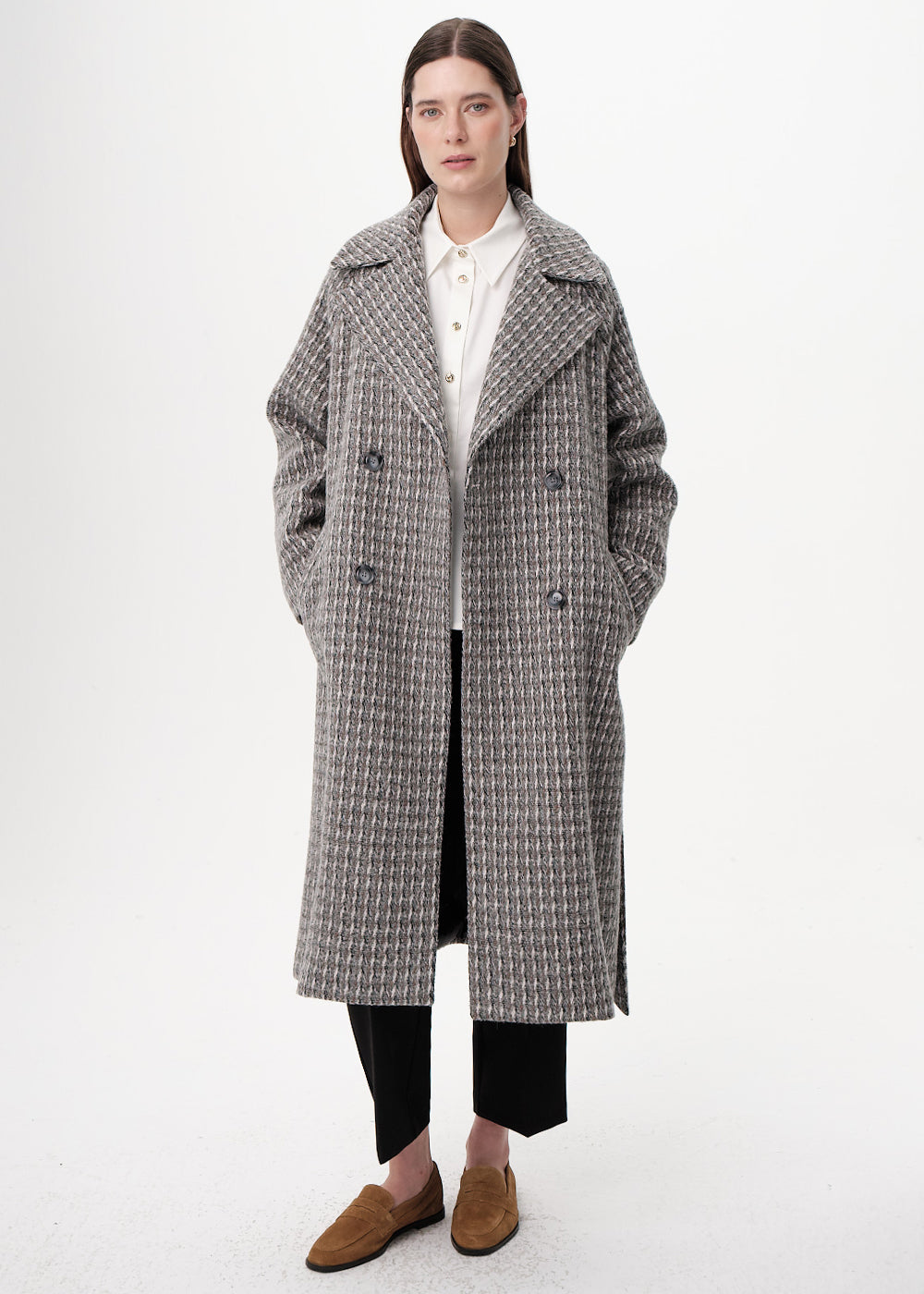 Kuşaklı Kruvaze Cepli Midi Regular Dokuma Kaban