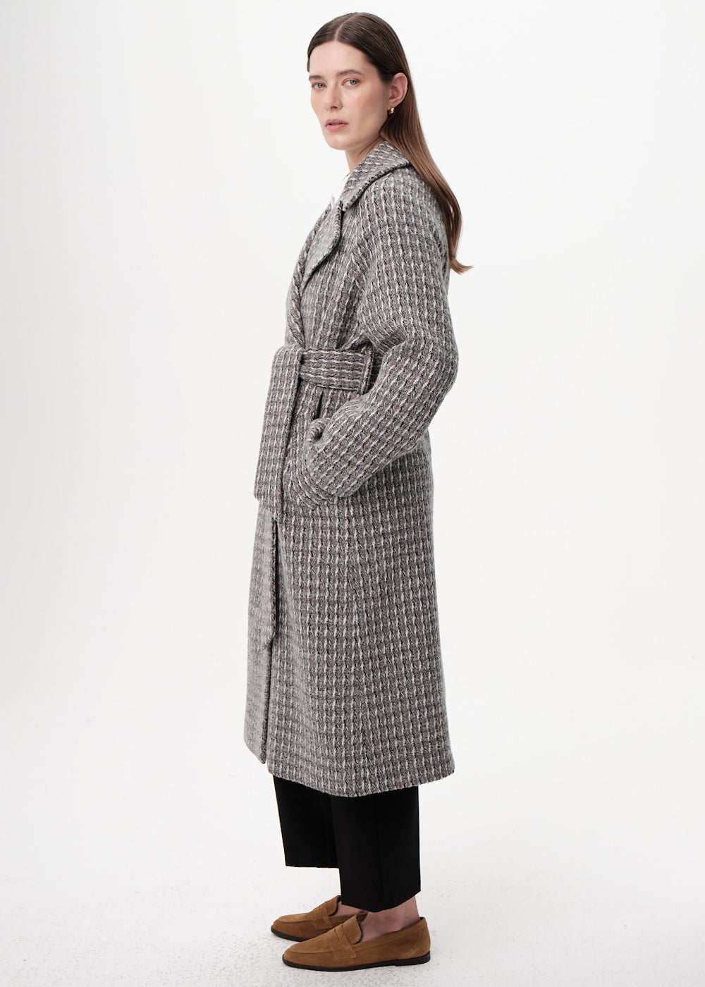 Kuşaklı Kruvaze Cepli Midi Regular Dokuma Kaban