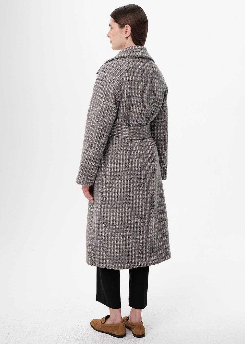 Kuşaklı Kruvaze Cepli Midi Regular Dokuma Kaban