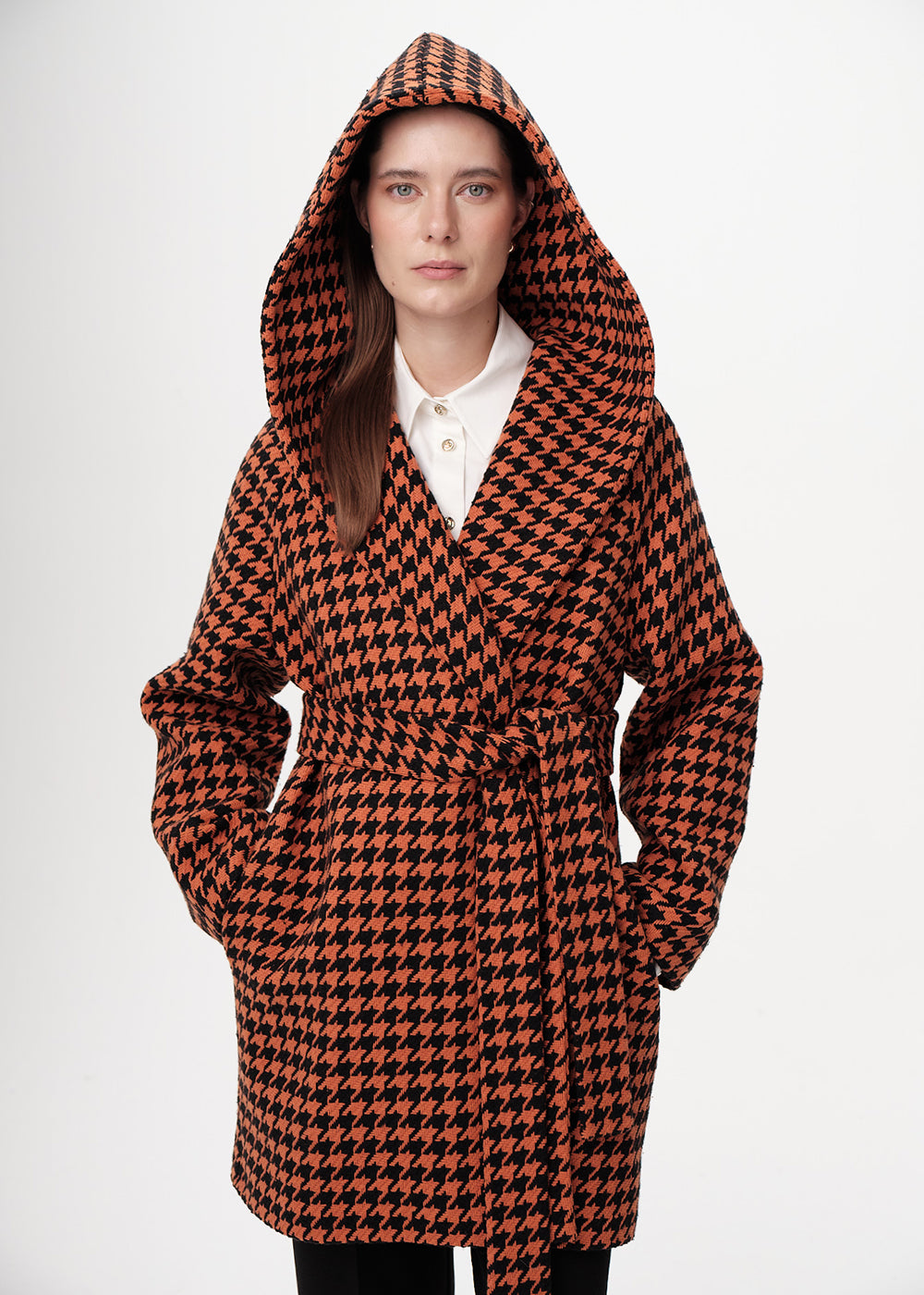 Kapüşonlu Belden Kuşaklı Cepli Regular Dokuma Kaban