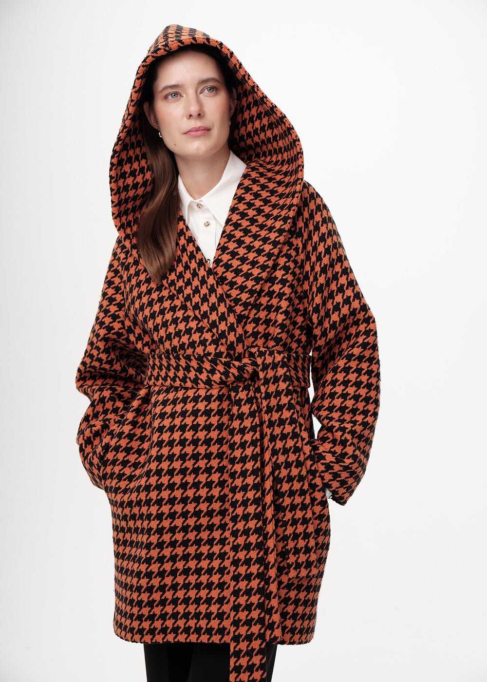 Kapüşonlu Belden Kuşaklı Cepli Regular Dokuma Kaban