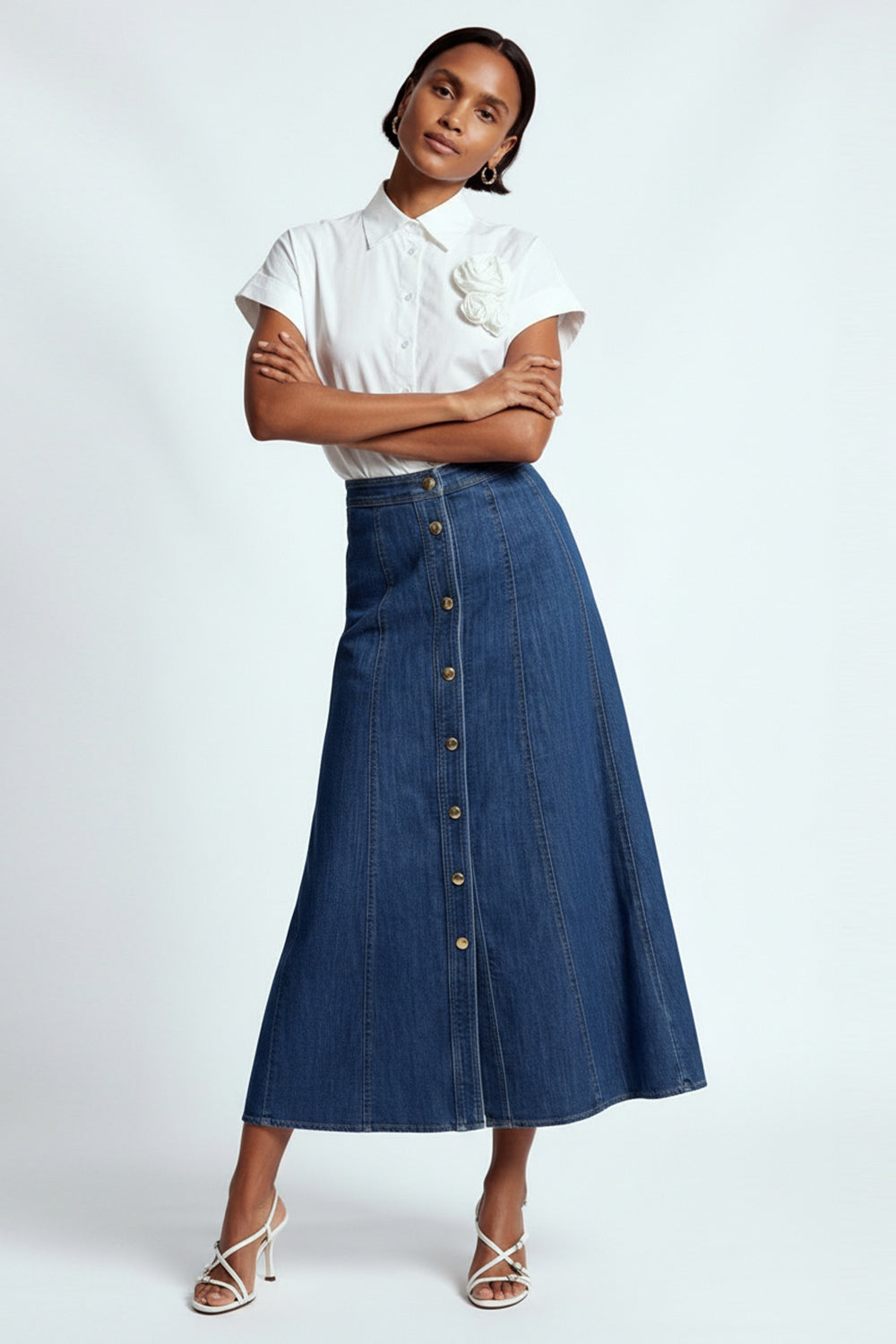 Evaze Önden Düğmeli Midi Boy Denim İndigo Etek