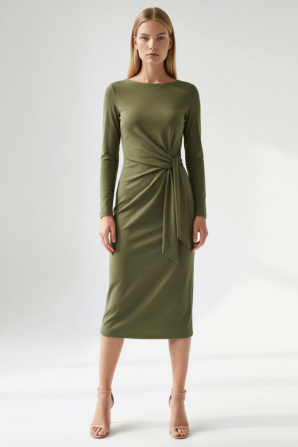 Bisiklet Yaka Fermuarlı Belden Bağlamalı Regular Örme Haki Elbise