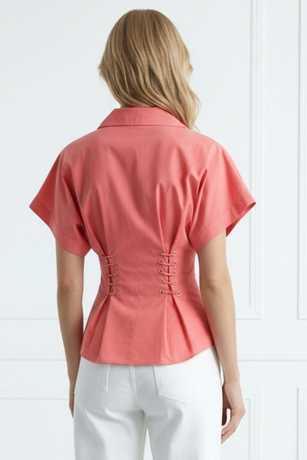 Gömlek Yaka Bağcık Detaylı Bele Oturan Regular Pembe Gömlek