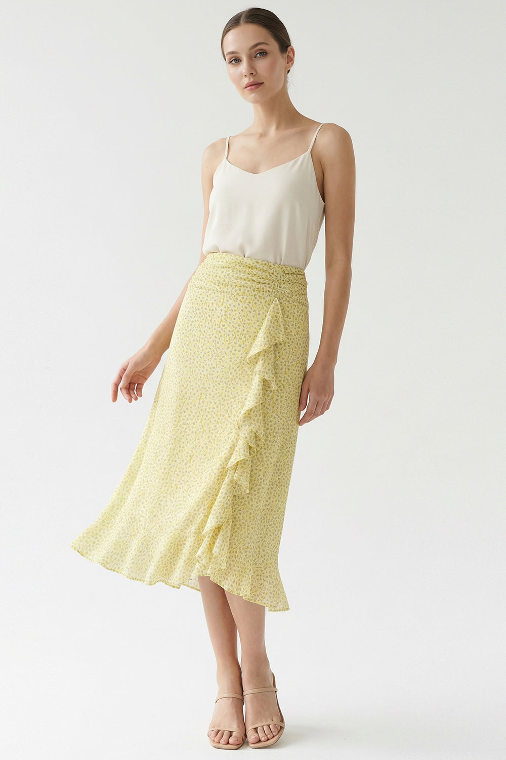 Yırtmaçlı Fırfırlı Fermuarlı Astarlı Regular Midi Çok Renkli Etek