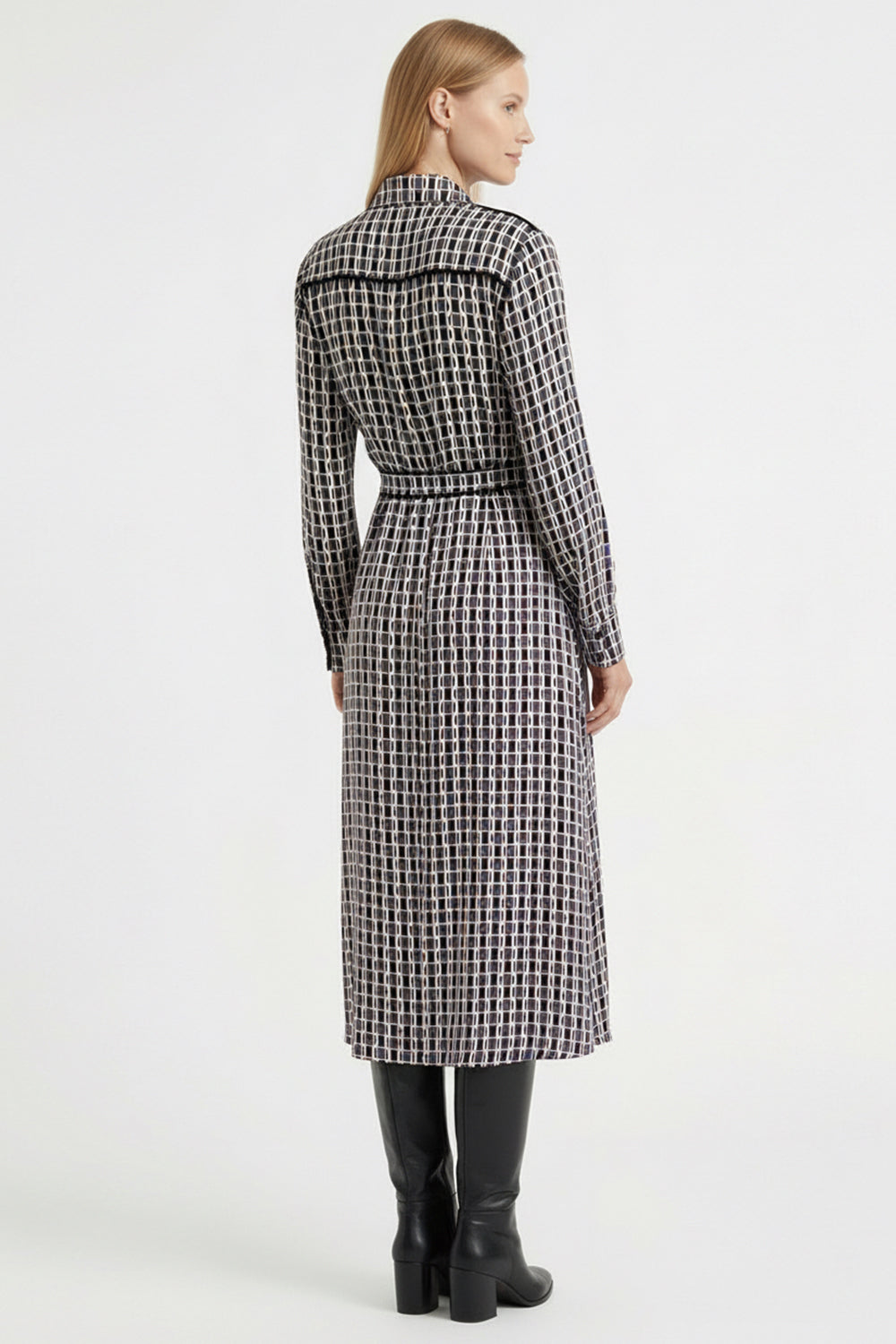 Geometrik Desenli Bel Detaylı Uzun Kollu Midi Gömlek Elbise