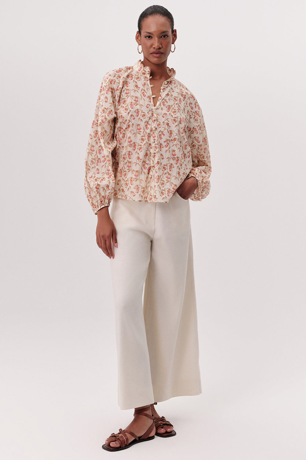 Dik Yaka Nakışlı Düğmeli Desenli Regular Çok Renkli Gömlek