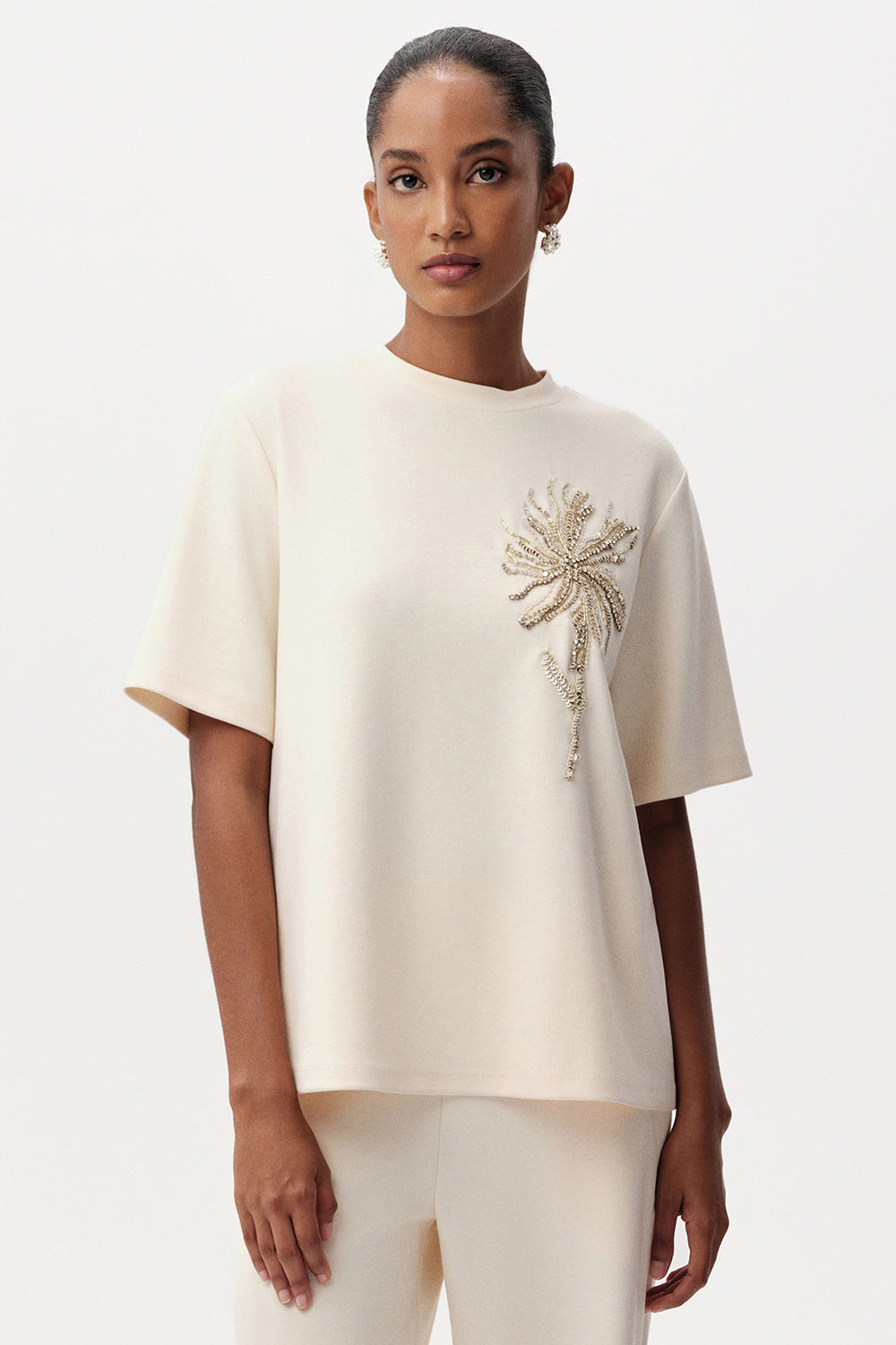 Taş İşlemeli Bisiklet Yaka Kısa Kollu Regular T-Shirt