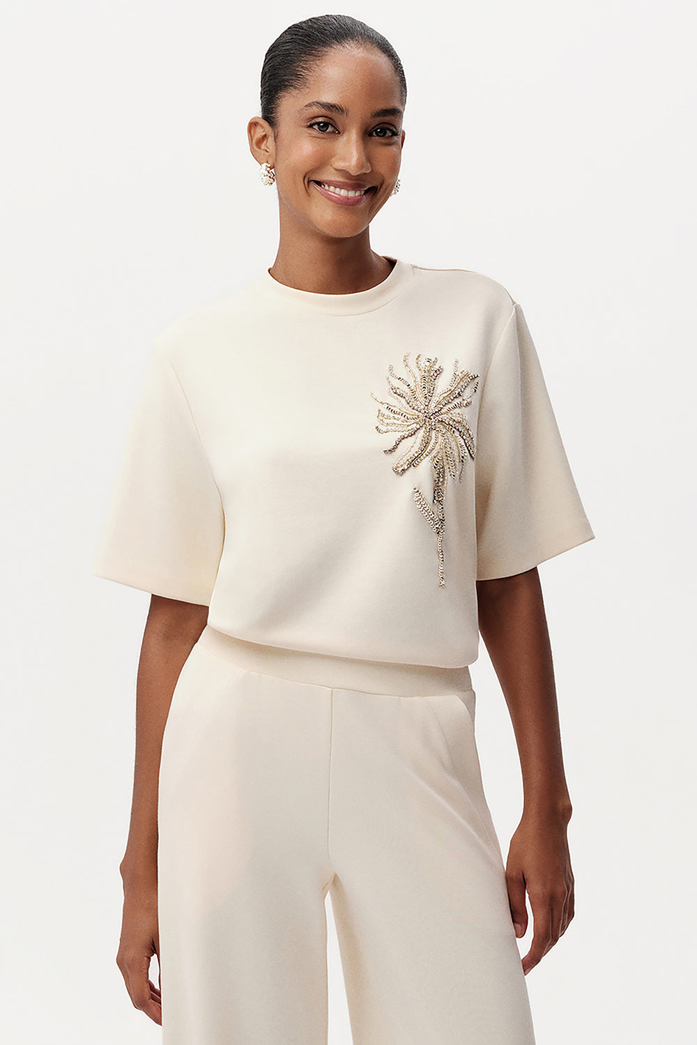 Taş İşlemeli Bisiklet Yaka Kısa Kollu Regular T-Shirt