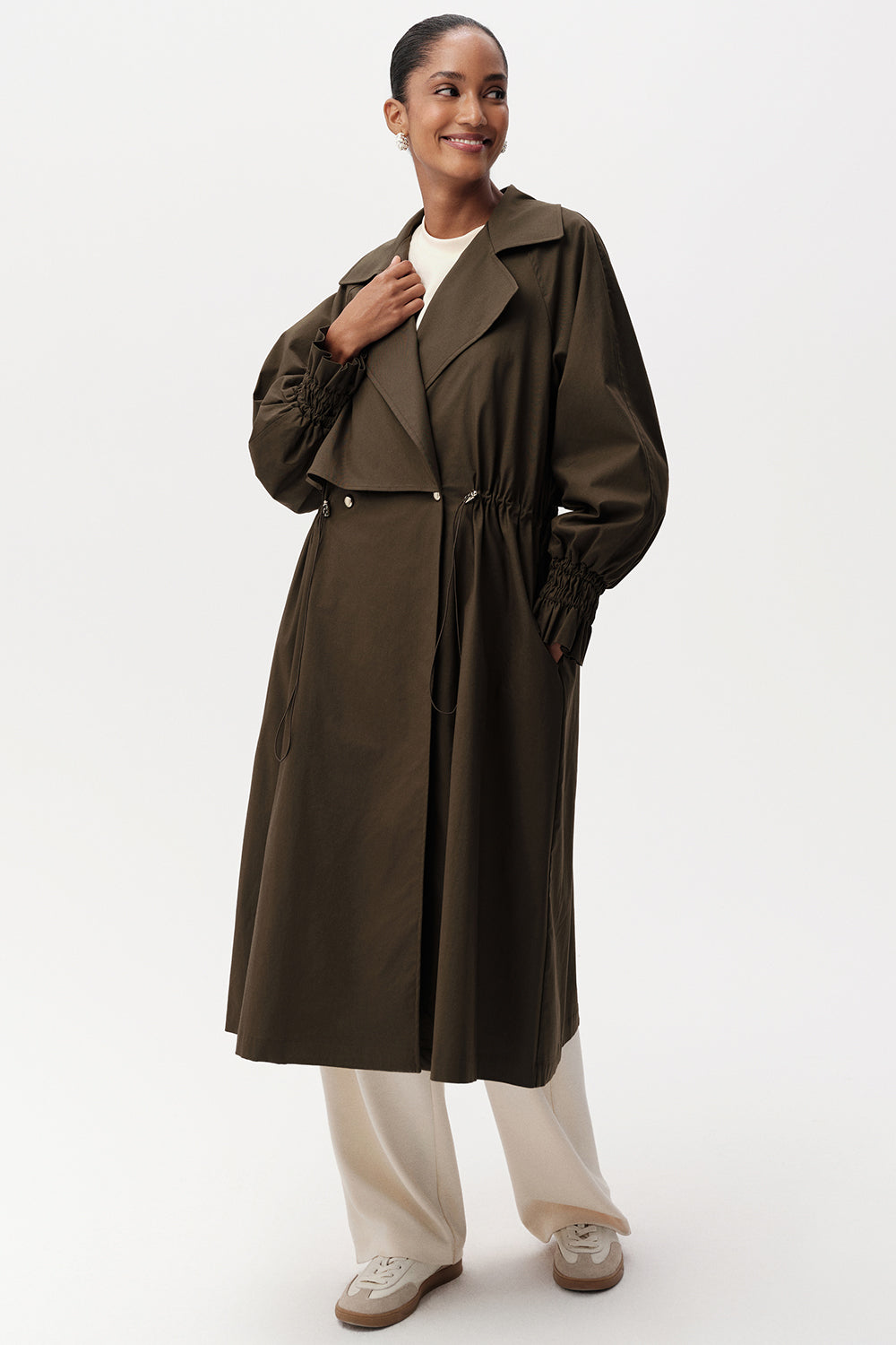 Uzun Kollu Kuşak Detaylı Midi Regular Trençkot