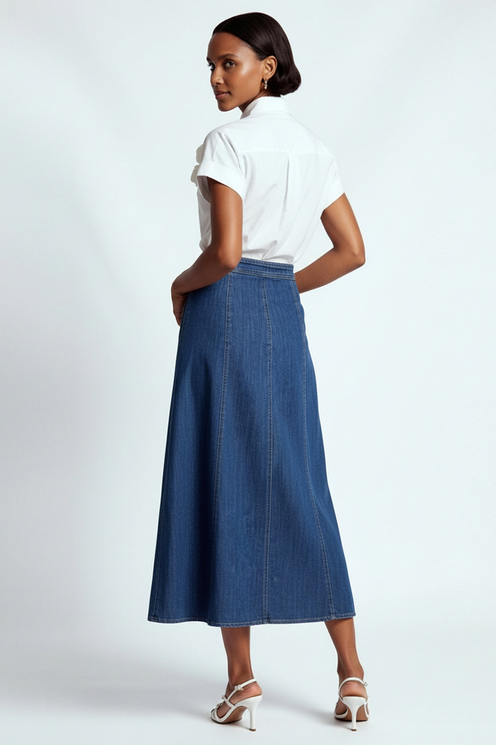 Evaze Önden Düğmeli Midi Boy Denim İndigo Etek