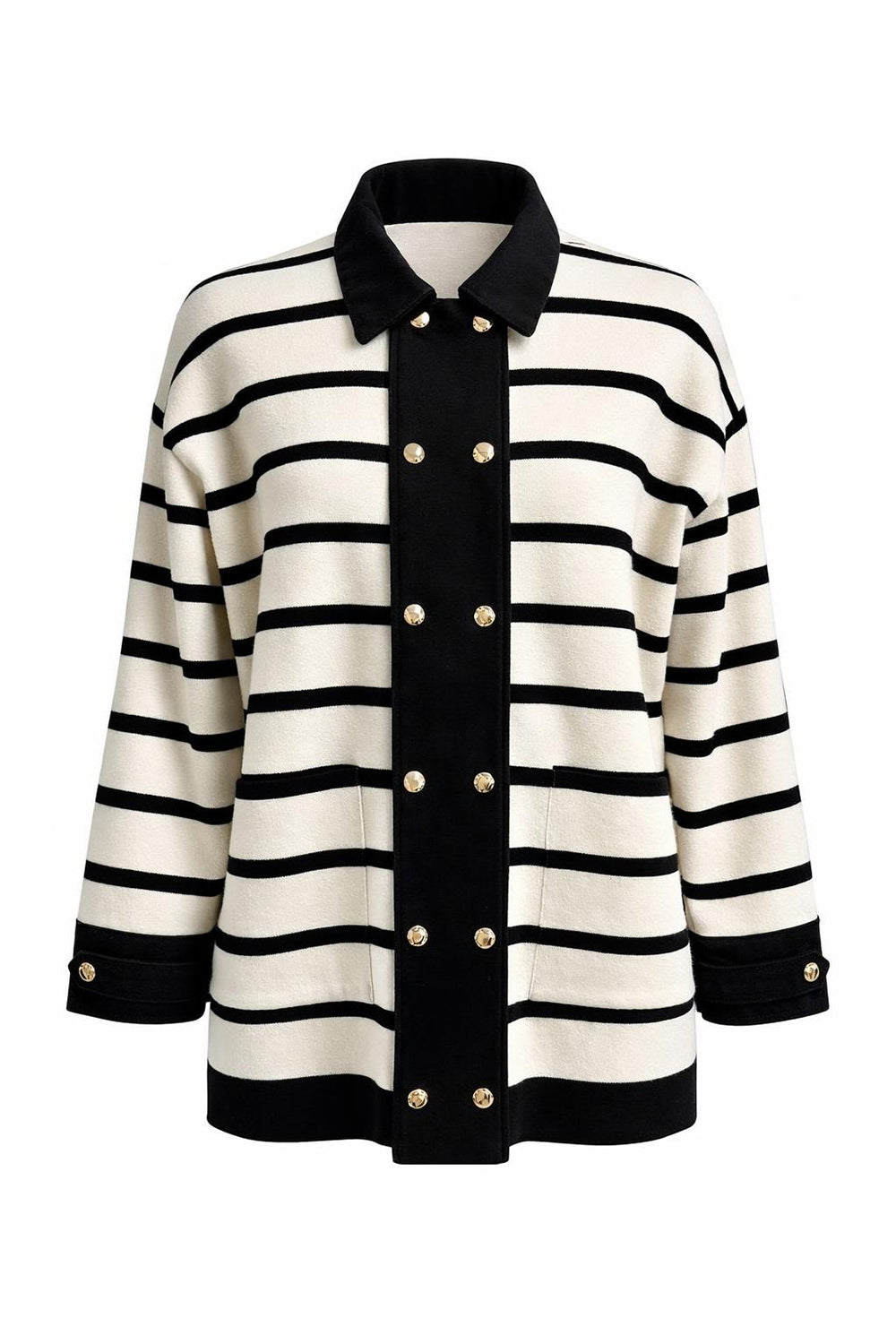 Uzun Kollu Düğmeli Oversize Triko Siyah Krem Hırka