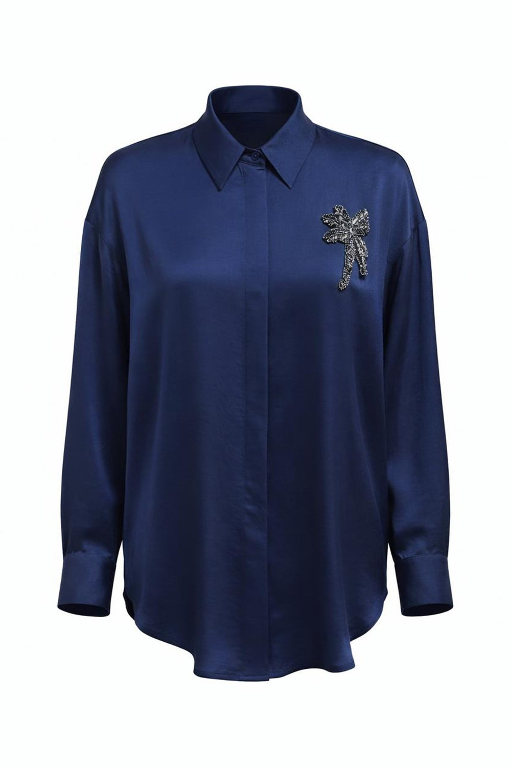 Gömlek Yaka Manşetli İşlemeli Saten Regular Lacivert Gömlek