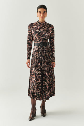 Desenli Uzun Kollu Kemerli Slim Fit Pliseli Midi Elbise