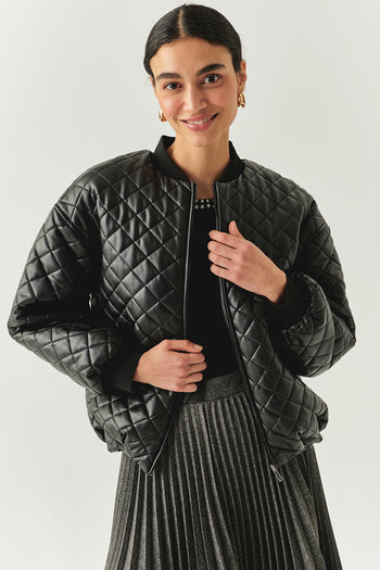 Kapitone Suni Deri Astarlı Fermuarlı Bomber Siyah Ceket