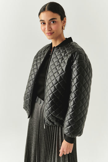 Kapitone Suni Deri Astarlı Fermuarlı Bomber Siyah Ceket