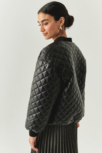 Kapitone Suni Deri Astarlı Fermuarlı Bomber Siyah Ceket