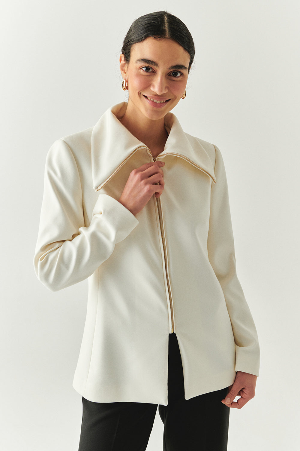 Erkek Yaka Fermuarlı Slim Fit Krem Ceket