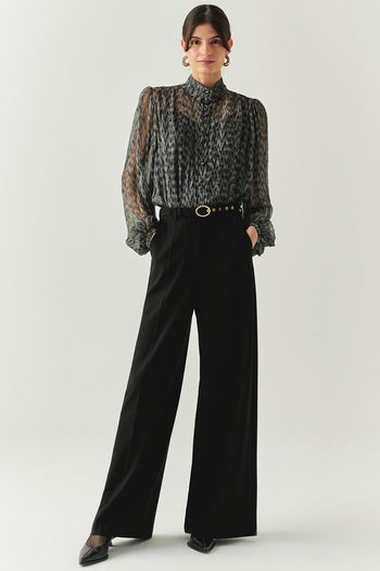 Kemerli Geniş Paça Cepli Regular Siyah Pantolon