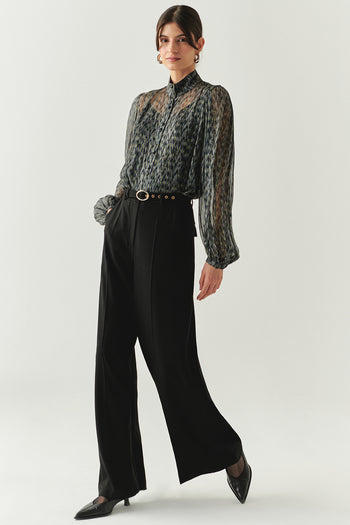 Kemerli Geniş Paça Cepli Regular Siyah Pantolon