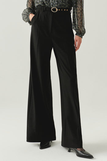 Kemerli Geniş Paça Cepli Regular Siyah Pantolon