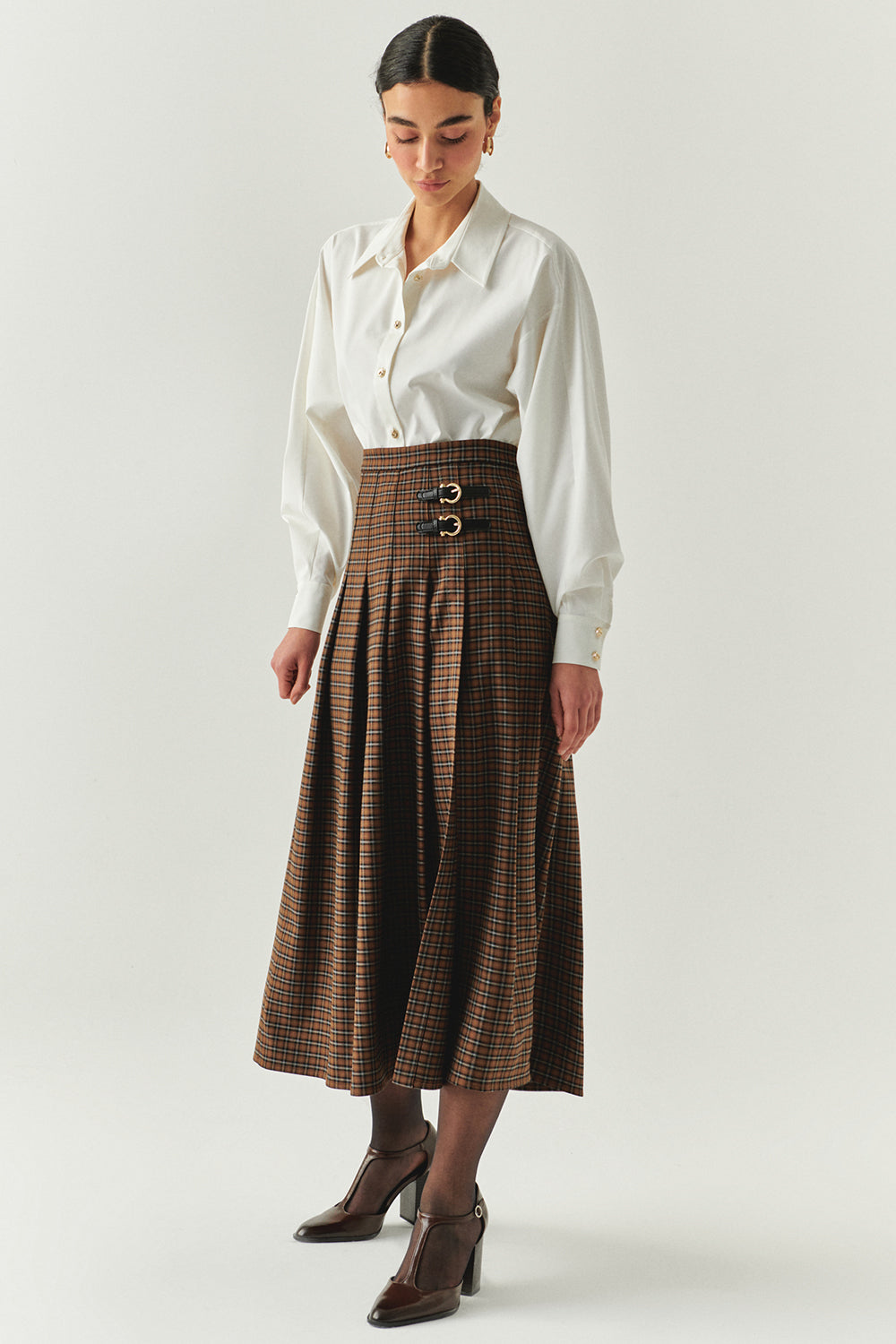 Yırtmaç Detaylı Ekose Deri Tokalı Regular Çok Renkli Midi Etek