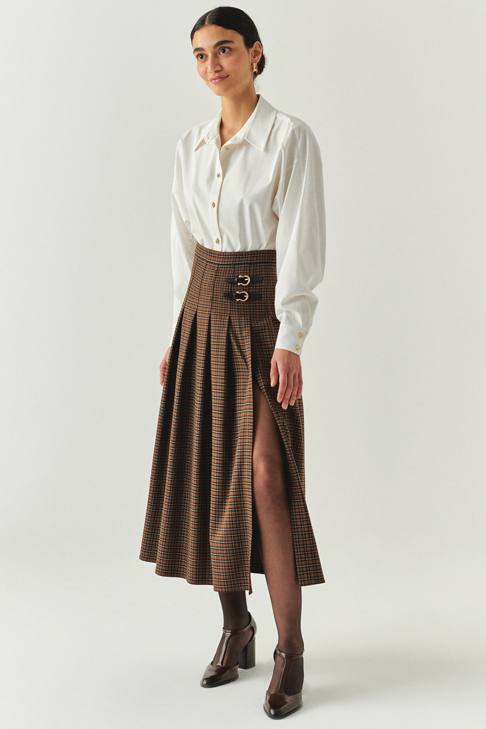 Yırtmaç Detaylı Ekose Deri Tokalı Regular Çok Renkli Midi Etek