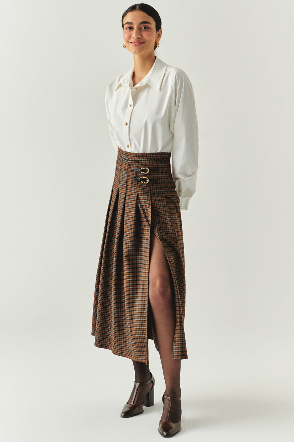 Yırtmaç Detaylı Ekose Deri Tokalı Regular Çok Renkli Midi Etek