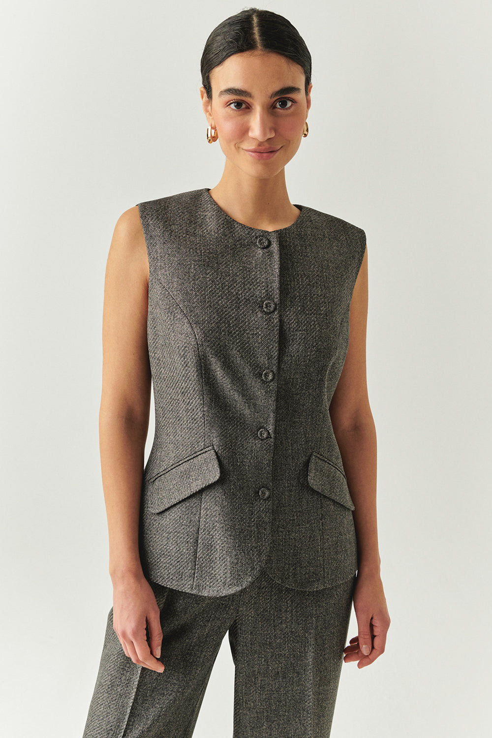 Balıksırtı Desenli Bisiklet Yaka Astarlı Slim Fit Cepli Gri Yelek