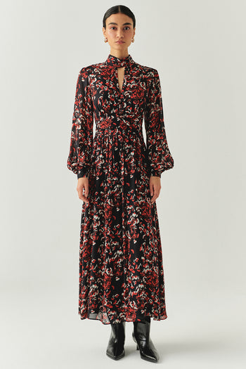 Desenli Uzun Kollu Damla Yaka Slim Fit Astarlı Midi Elbise