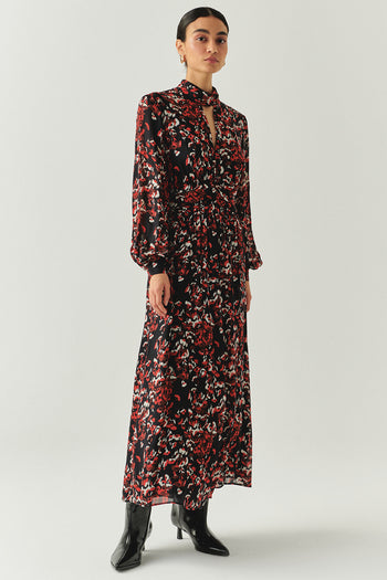 Desenli Uzun Kollu Damla Yaka Slim Fit Astarlı Midi Elbise