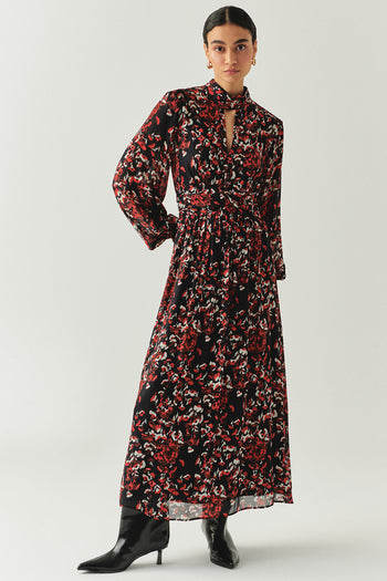 Desenli Uzun Kollu Damla Yaka Slim Fit Astarlı Midi Elbise