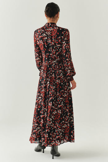 Desenli Uzun Kollu Damla Yaka Slim Fit Astarlı Midi Elbise