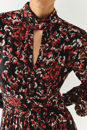 Desenli Uzun Kollu Damla Yaka Slim Fit Astarlı Midi Elbise