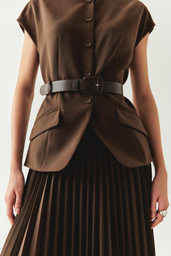 Bisiklet Yaka Kemerli Plisoley Slim Fit Midi Kahve Elbise
