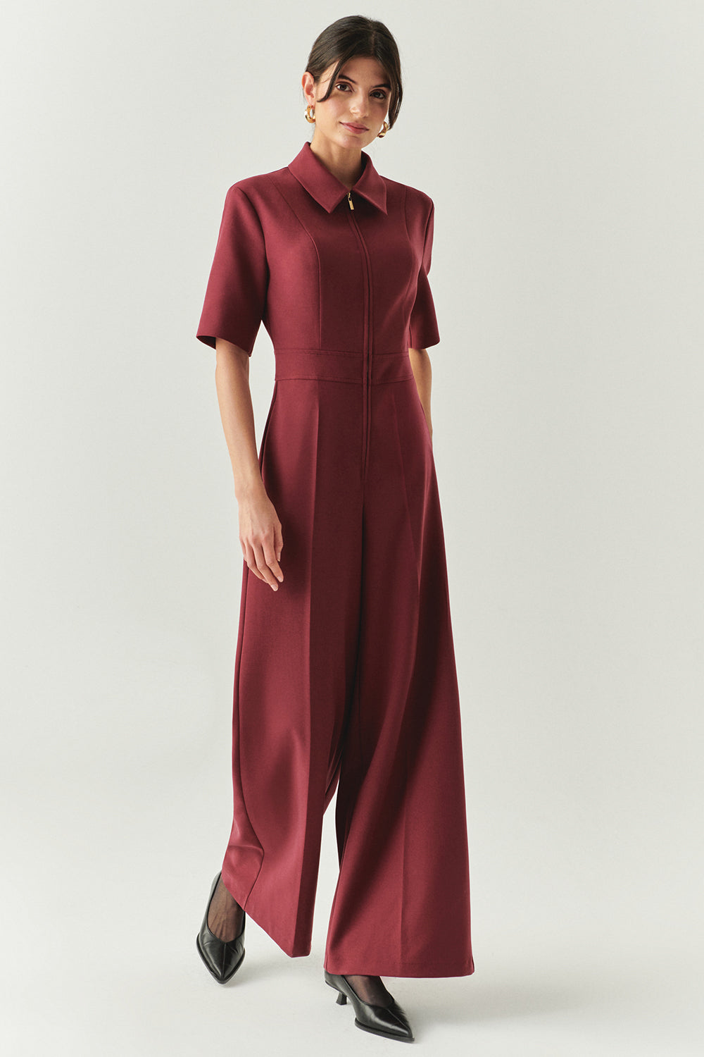 Kısa Kollu Fermuarlı Slim Fit Gömlek Yaka Vişne Tulum