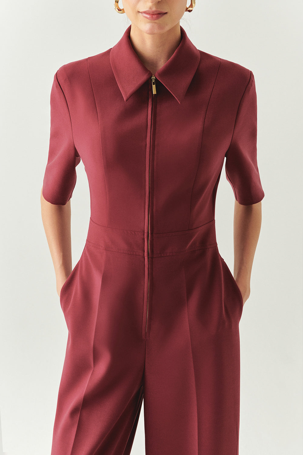 Kısa Kollu Fermuarlı Slim Fit Gömlek Yaka Vişne Tulum
