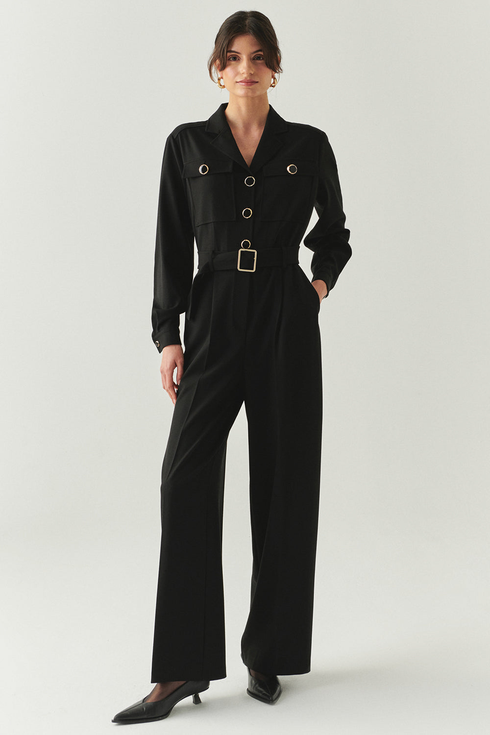 Uzun Kollu Ceket Yaka Cepli Kemerli Slim Fit Siyah Tulum
