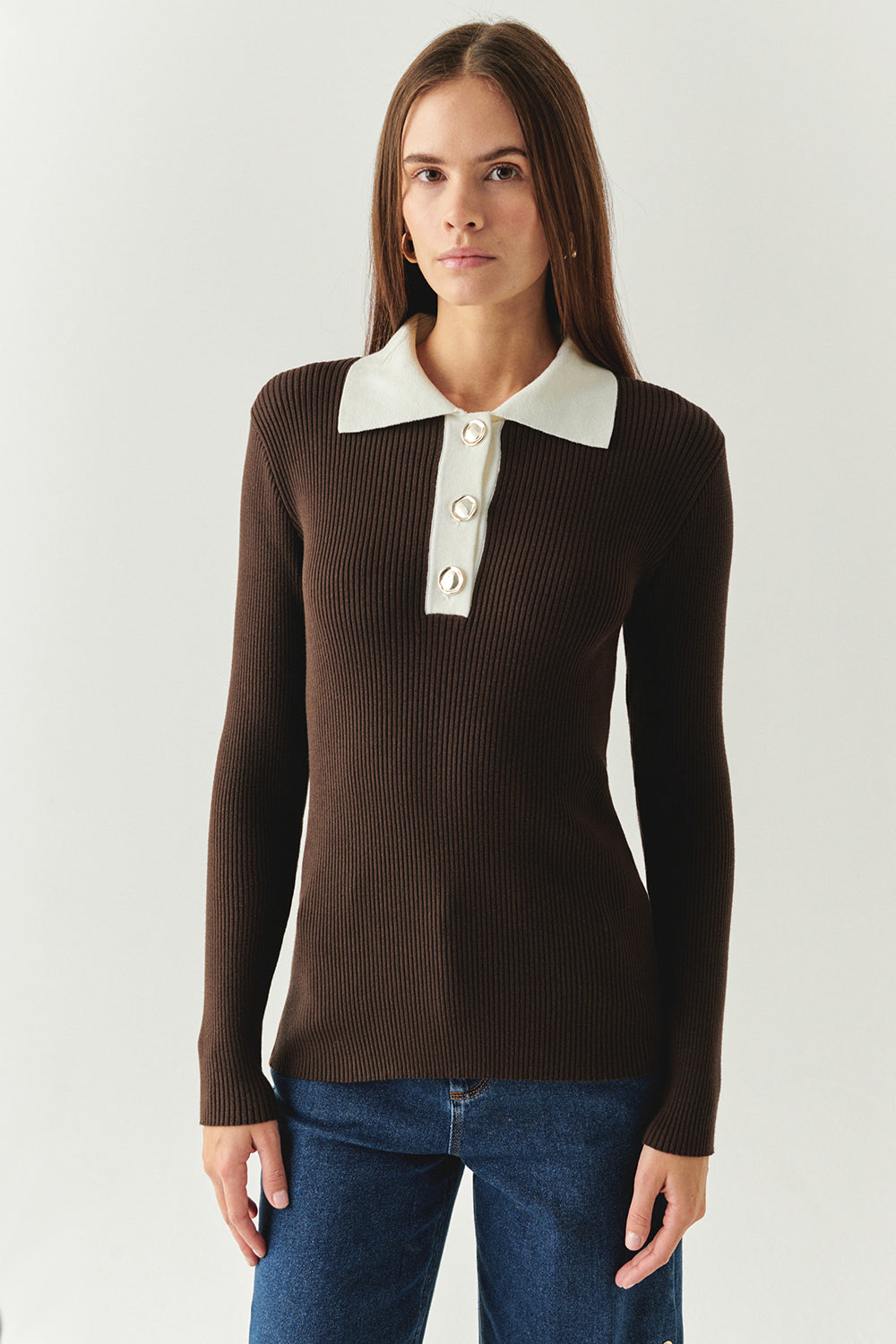 Uzun Kollu Kontrast Yaka Slim Fit Triko Kahve Bluz