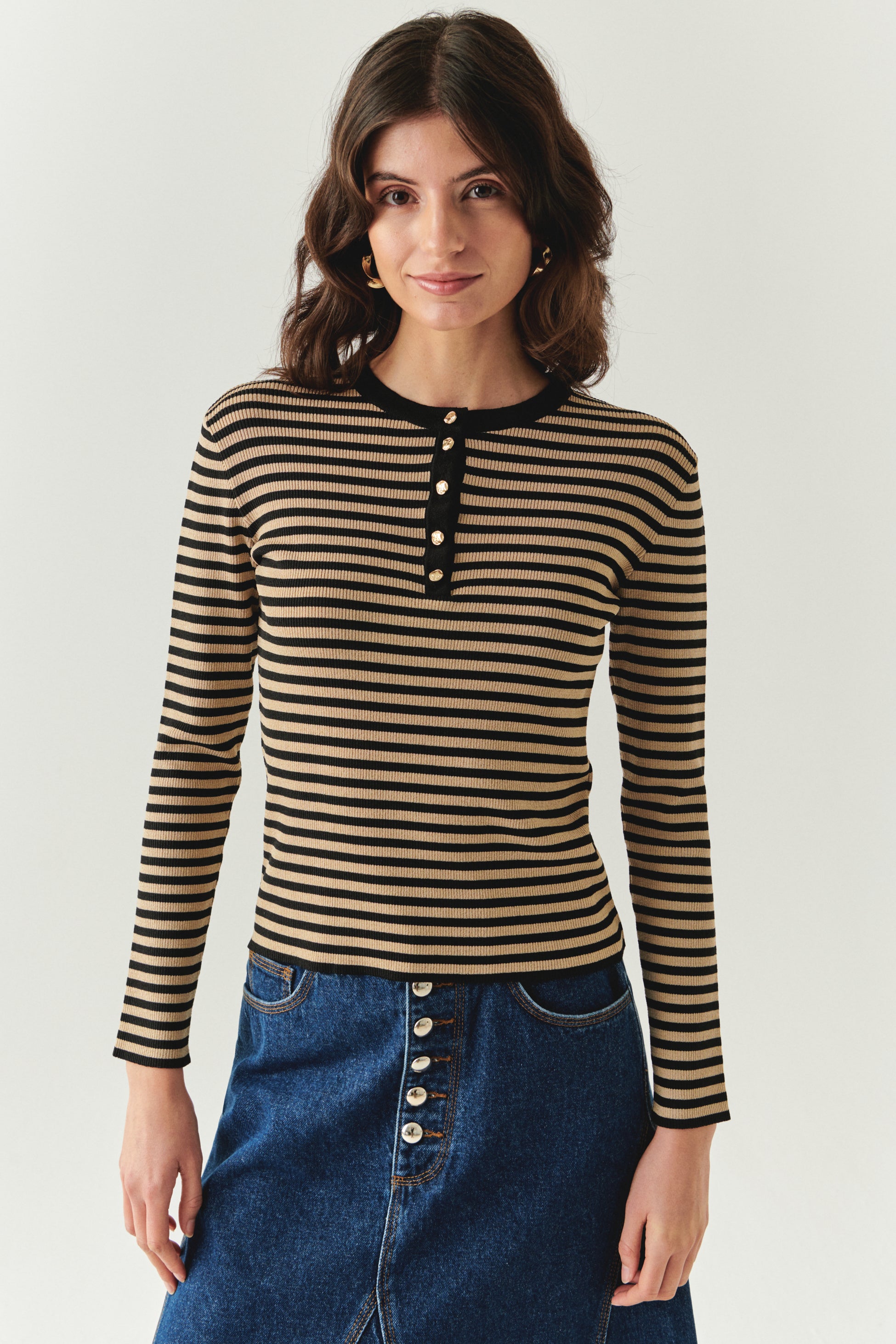 Bisiklet Yaka Çizgili Uzun Kollu Slim Fit Triko Siyah Camel Bluz