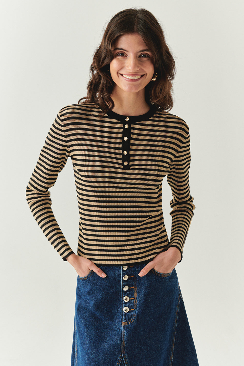 Bisiklet Yaka Çizgili Uzun Kollu Slim Fit Triko Siyah Camel Bluz
