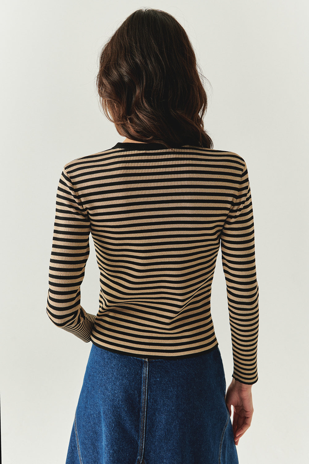 Bisiklet Yaka Çizgili Uzun Kollu Slim Fit Triko Siyah Camel Bluz