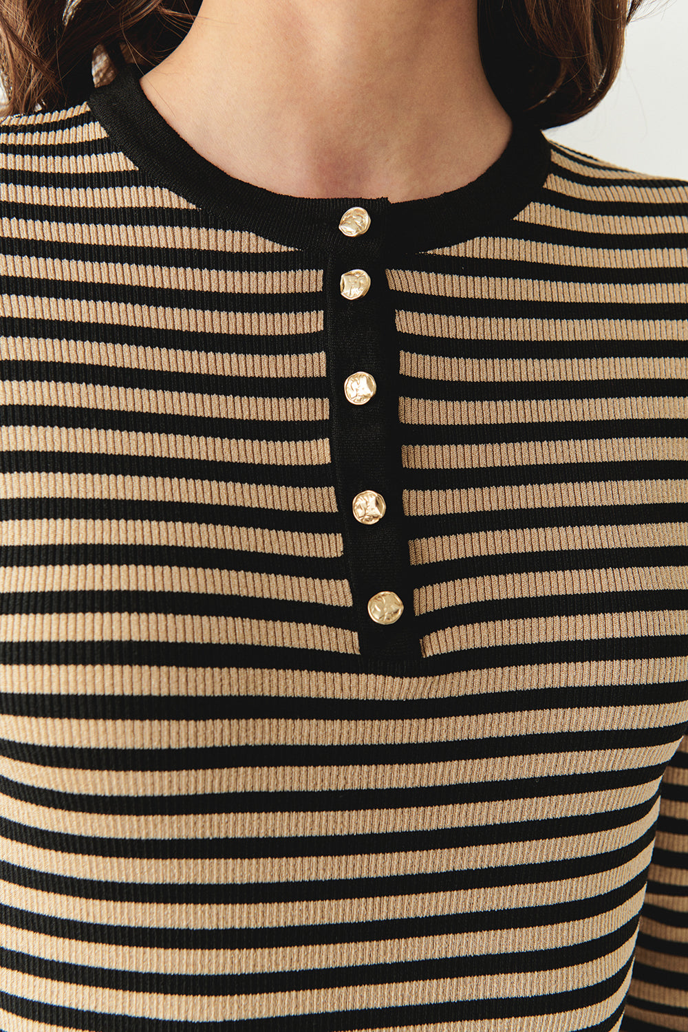 Bisiklet Yaka Çizgili Uzun Kollu Slim Fit Triko Siyah Camel Bluz