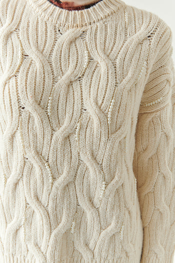 Boncuk İşlemeli Bisiklet Yaka Regular Triko Kemik Bluz