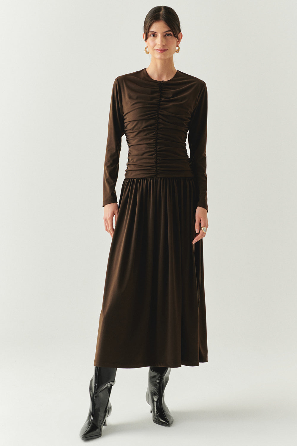Bisiklet Yaka Uzun Kollu Drapeli Slim Fit Midi Örme Kahve Elbise