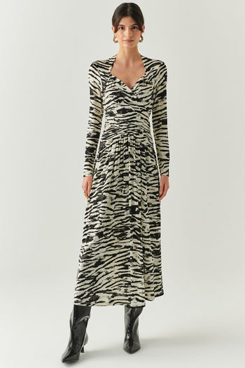 Kruvaze Yaka Uzun Kollu Slim Fit Örme Midi Siyah Kemik Elbise