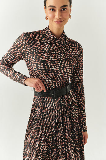 Desenli Uzun Kollu Kemerli Slim Fit Pliseli Midi Elbise