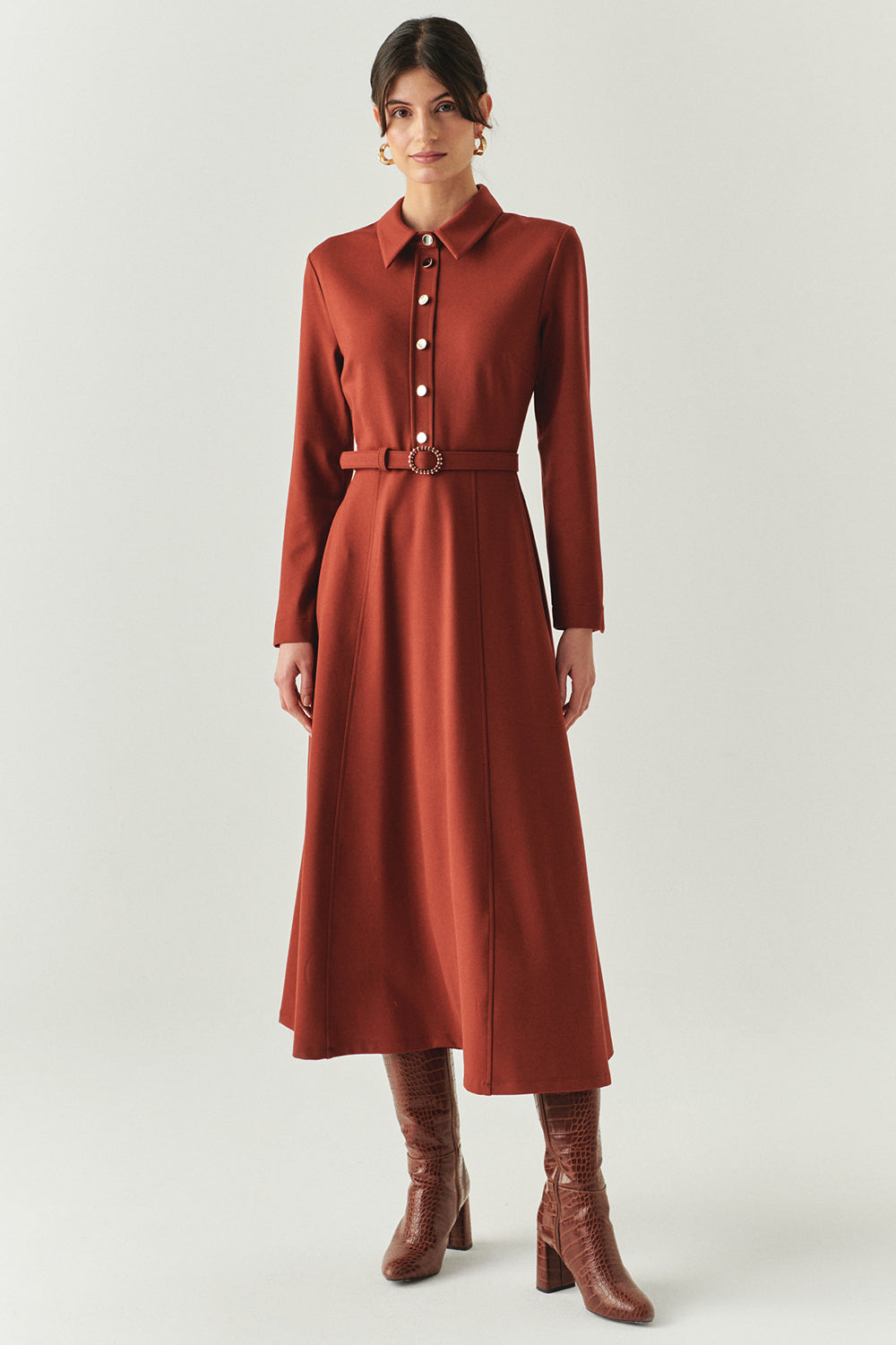 Kemerli Gömlek Yaka Cepli Slim Fit Midi Taba Örme Elbise