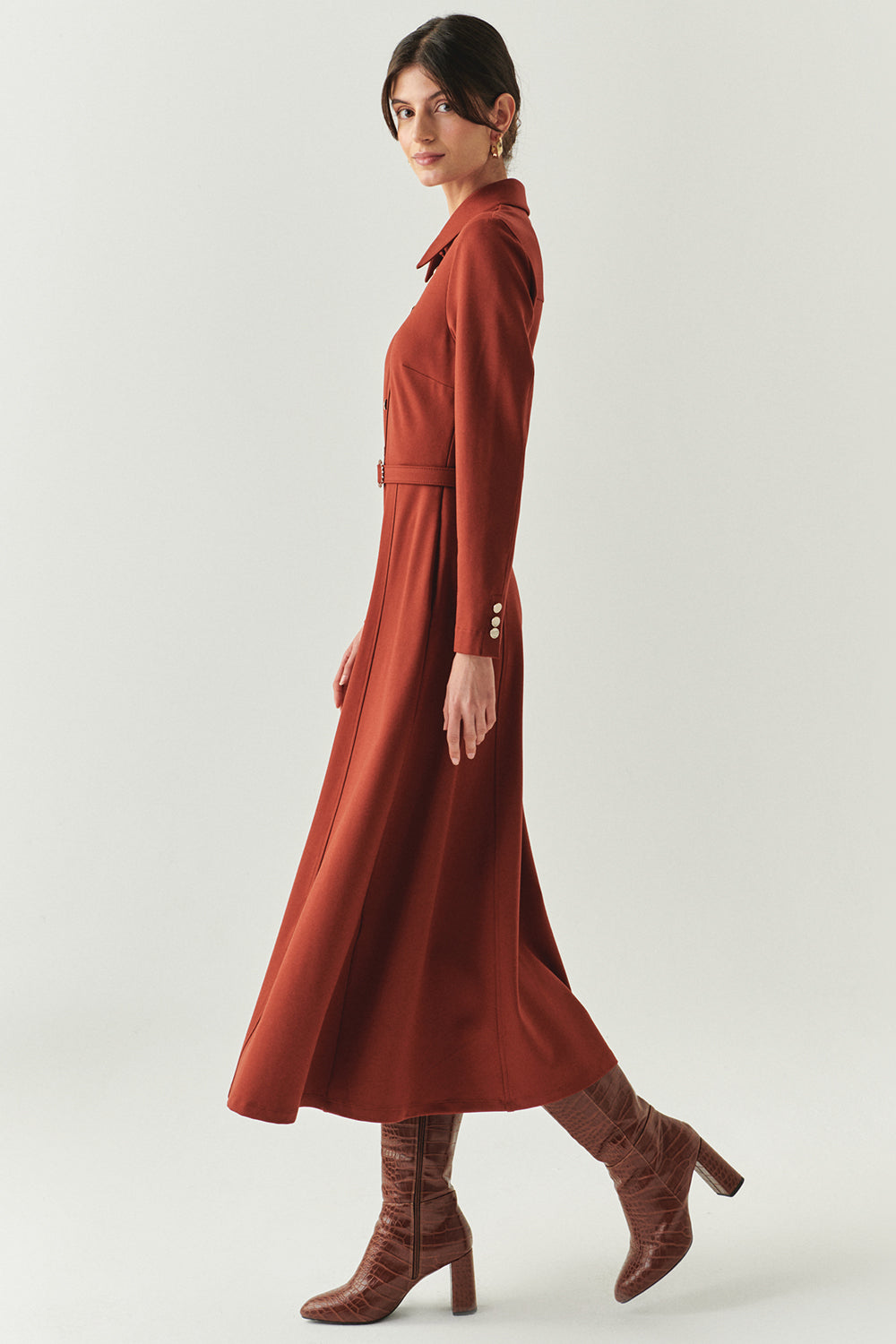 Kemerli Gömlek Yaka Cepli Slim Fit Midi Örme Elbise